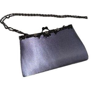 Jessica McClintock Vintage Blue Satin Clutch silver and black with black chain